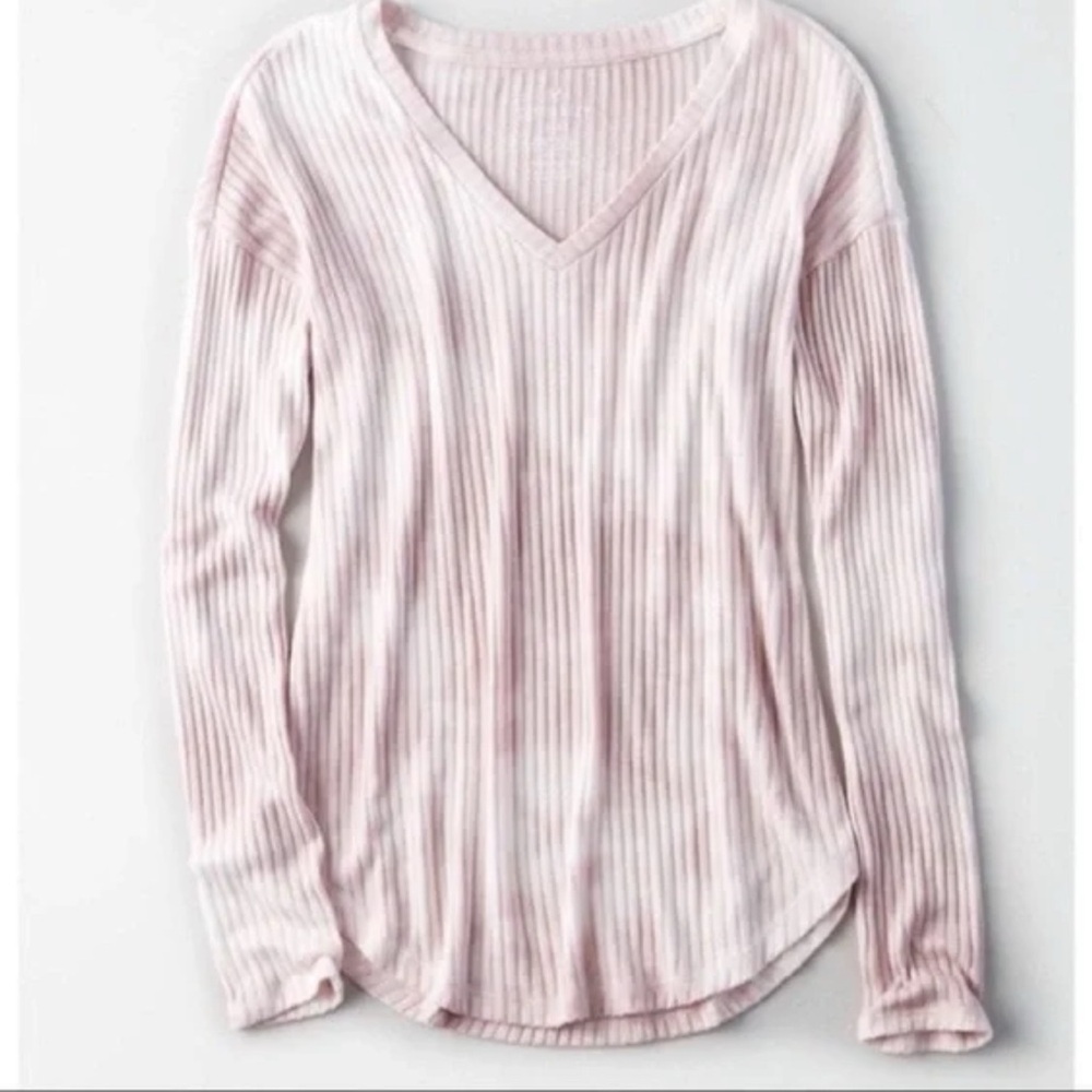 Pink Ribbed V-Neck Long Sleeve Top American Eagle So Soft